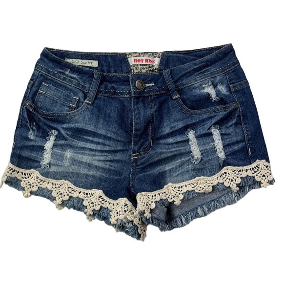 Hot Kiss Pants - Hot Kiss Women's Juniors Size 7 Cici Distressed Denim Embroidered Overlay Shorts